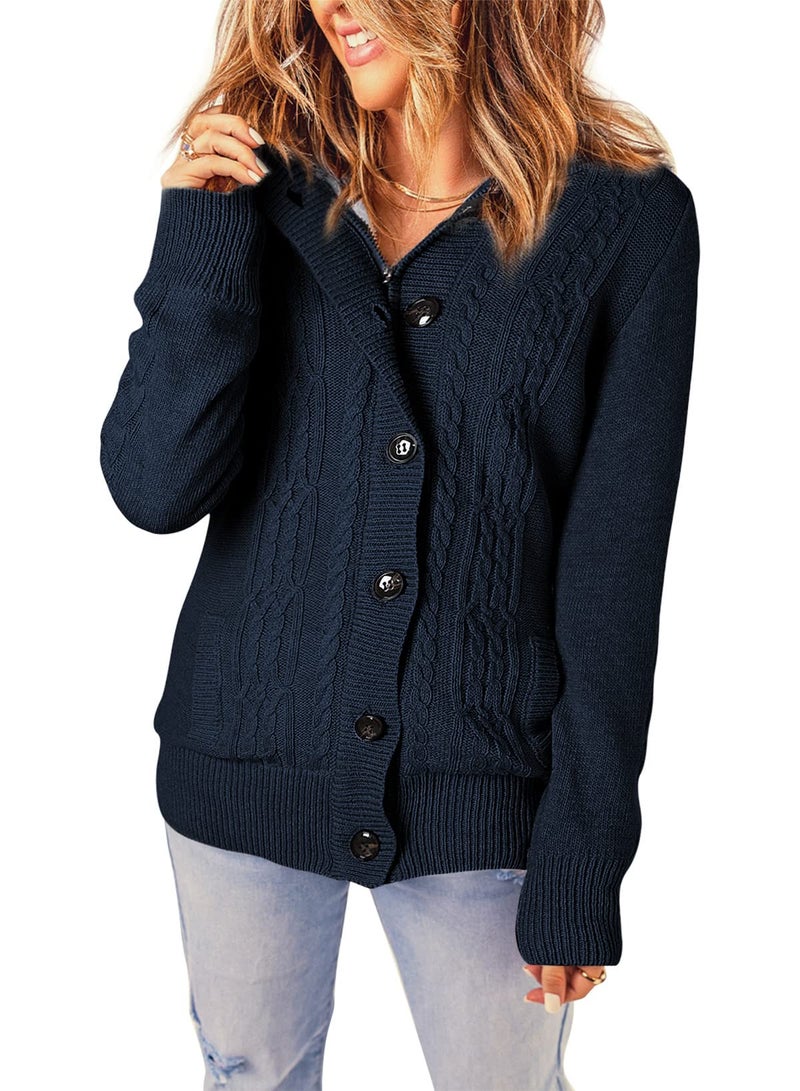 Sidefeel Women's Cardigan Hooded Fleece Lined Jackets Winter Cable Knit Sweater Coat Large Navy - Image 2